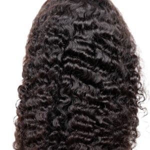 Curly black hairpiece viewed from the back.