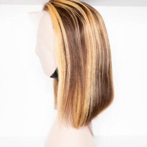 Straight brown hair wig with blonde highlights.