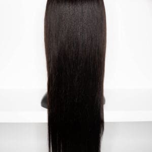 Long straight black hair on mannequin head.