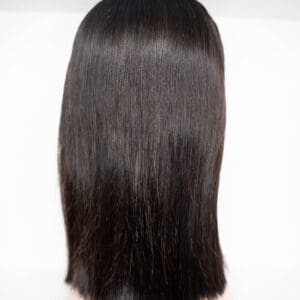 Straight black hair wig displayed on mannequin.